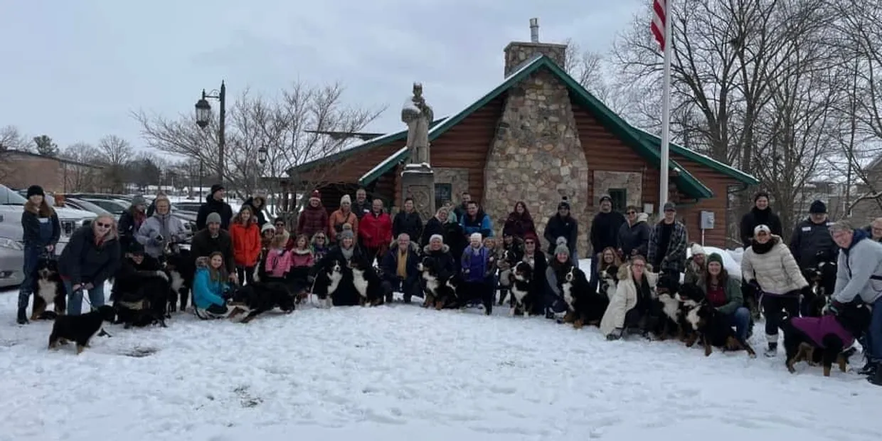 Club members and their Bernese Mountain Dogs gathered in the snow